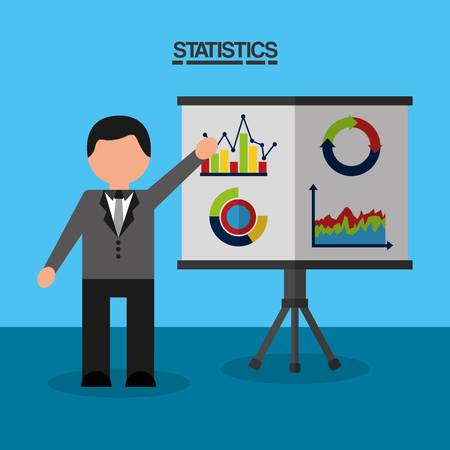 businessman with whiteboard presentation report statistics data vector illustrationのイラスト素材
