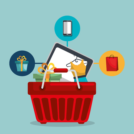 shopping basket with marketing set icons vector illustration designのイラスト素材