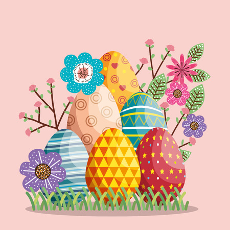 eggs painted and flowers happy easter card vector illustration designのイラスト素材