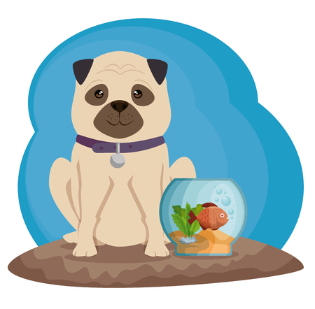 Bowl aquarium with fish and dog vector illustration design.のイラスト素材