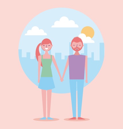 happy couple holding hands on background of skyscrapers in city vector illustratioのイラスト素材