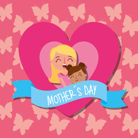 mom hugging daughter in heart love butterflies background - mothers day vector illustrationのイラスト素材