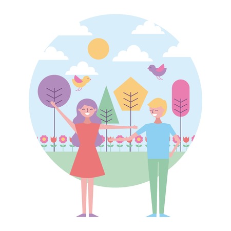 smiling couple standing in spring landscape birds trees vector illustrationのイラスト素材