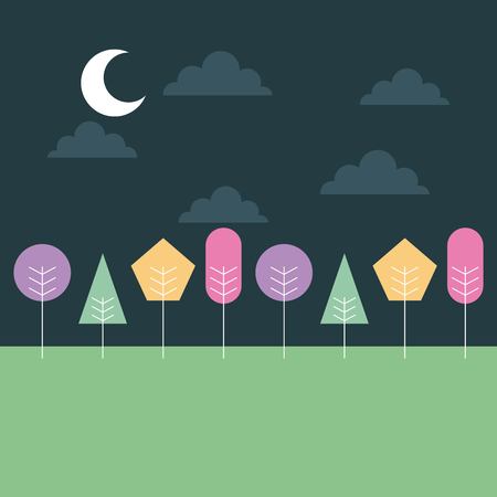 cute landscape night moon clouds with colored trees vector illustrationのイラスト素材