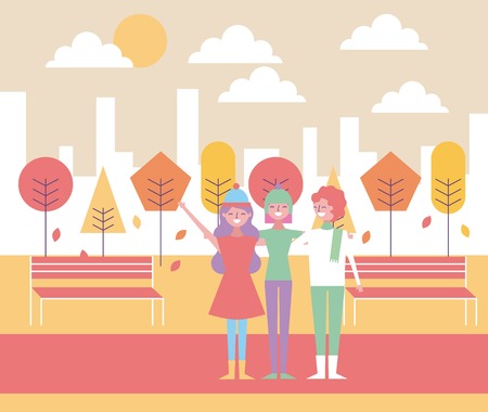 people happy hugging in park urban background vector illustrationのイラスト素材