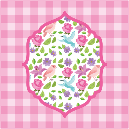 delicate label floral flowers decoration on checkered background vector illustrationのイラスト素材