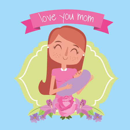 cute happy mom holding her baby label flowers - mother's day vector illustrationのイラスト素材