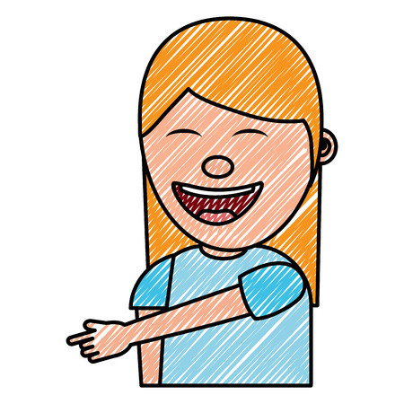 portrait laughing young woman pointing with finger something vector illustration drawing imageのイラスト素材