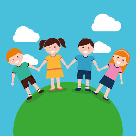 A cute kids holding hands in landscape vector illustrationのイラスト素材