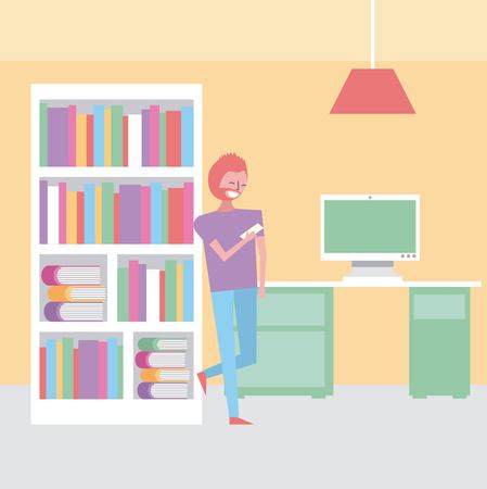 Man holding smartphone in office workspace vector illustrationのイラスト素材