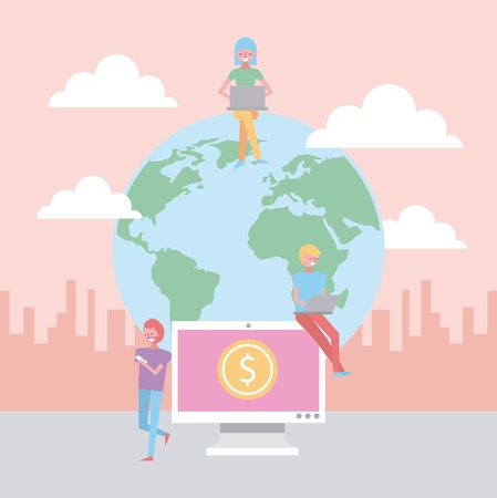 People with smartphone laptop in world city landscape vector illustrationのイラスト素材