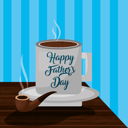 coffee cup inscription happy fathers day and tobacco pipe on wooden table vector illustrationのイラスト素材