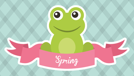 hello spring cute frog cartoon ribbon vector illustrationのイラスト素材
