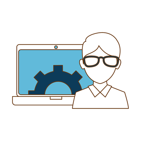 man with laptop and gears vector illustration designのイラスト素材