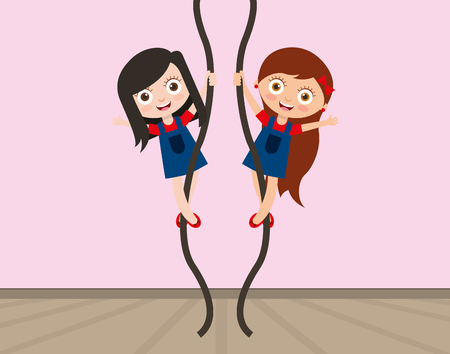 happy little girls climbing on rope kids playing cartoon vector illustrationのイラスト素材