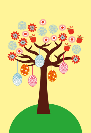 Cute delicate decorative tree with flowers and easter eggs vector illustrationのイラスト素材