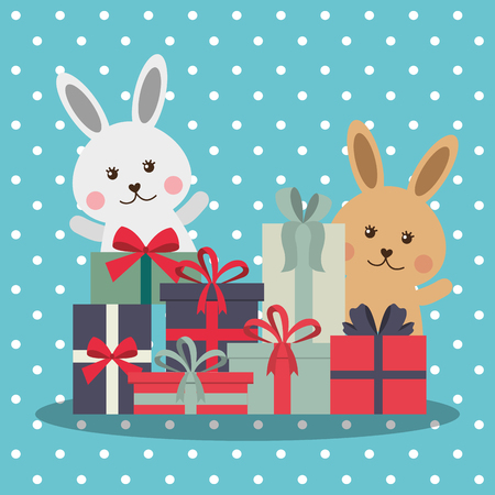 Cute rabbits with stacked gift boxes on dots background vector illustrationのイラスト素材