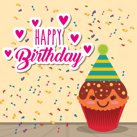 cartoon cupcake hat confetti - happy birthday card vector illustrationのイラスト素材