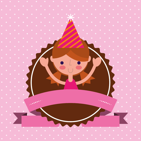 beautiful little girl with party hat label vector illustrationのイラスト素材