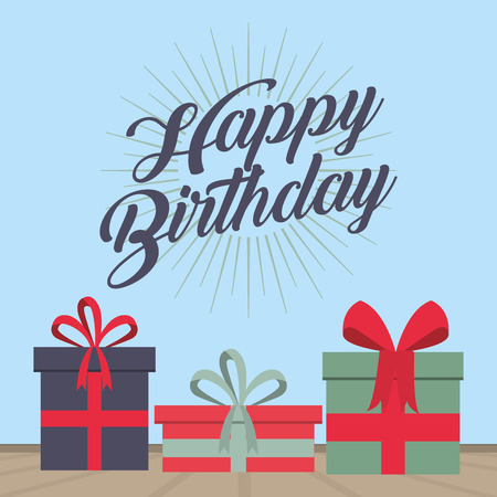 happy birthday card decorative gift boxes ribbon bow celebration vector illustrationのイラスト素材