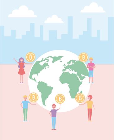 people holding bitcoin in hands around world vector illustrationのイラスト素材