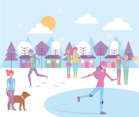 people making different activities in the winter landscape vector illustrationのイラスト素材