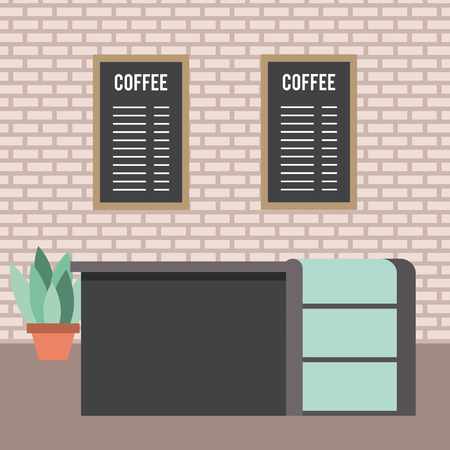coffee shop interior bar counter menu list and potted plant vector illustrationのイラスト素材