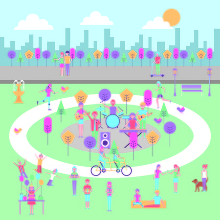 people celebrating birthday music making exercise in the park vector illustrationのイラスト素材