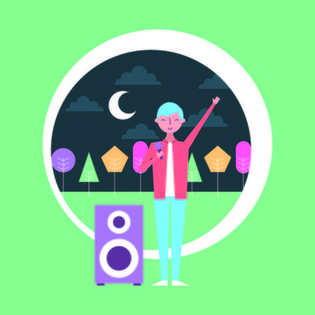 people young man singer and speaker audio musical at night vector illustrationのイラスト素材