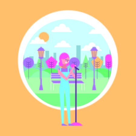 woman sings with microphone in the park with urban background vector illustrationのイラスト素材