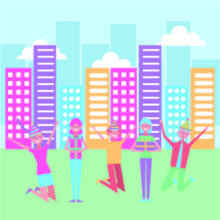 young people jumping happy city space vector illustrationのイラスト素材