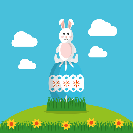 happy easter rabbit sitting on blue egg decoration vector illustrationのイラスト素材
