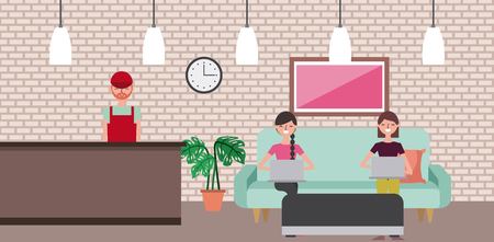 coffee shop interior people sitting on sofa with laptops vector illustrationのイラスト素材