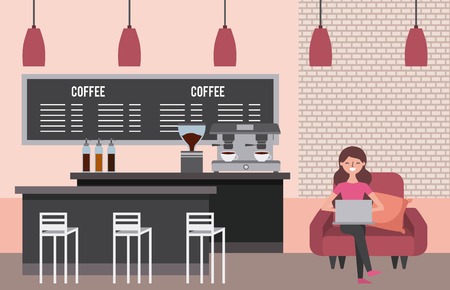 coffee shop interior young woman sit in sofa laptop vector illustrationのイラスト素材