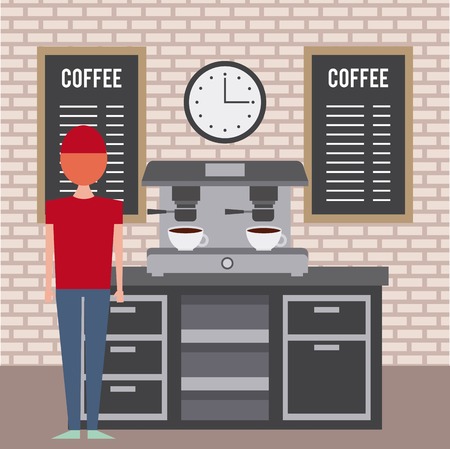 coffee shop interior barista employee and machine espresso furniture vector illustrationのイラスト素材