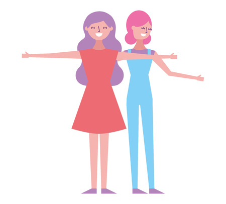 two woman friendly together making gesture with arms vector illustrationのイラスト素材