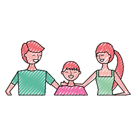 portrait happy couple with their teenage son embraced vector illustration drawing color designのイラスト素材