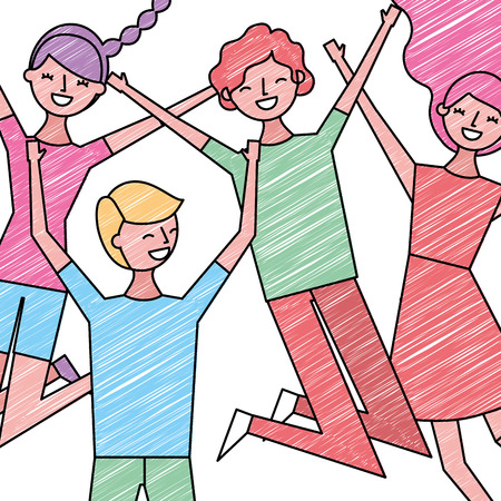 people group man and woman jumping funny vector illustration drawing color designのイラスト素材