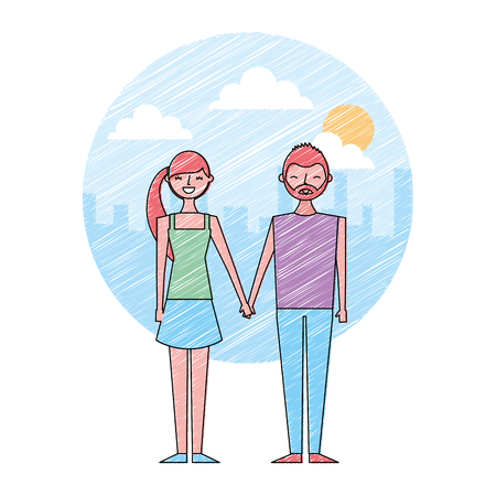 happy copule holding hands with urban background vector illustration drawing color designのイラスト素材
