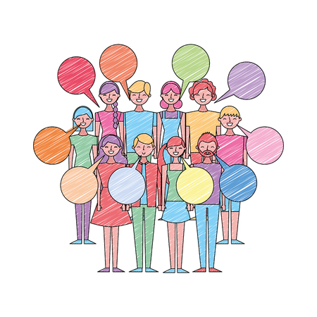 people group man and woman bubbles speech communication vector illustration drawing color designのイラスト素材