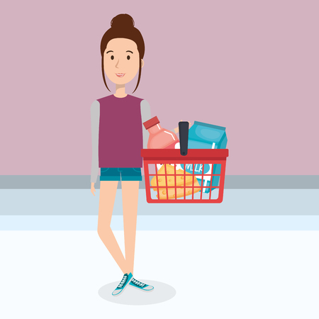 consumer with shopping basket of groceries vector illustration designのイラスト素材
