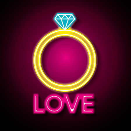 Love poster with diamond ring neon lights vector illustration designのイラスト素材