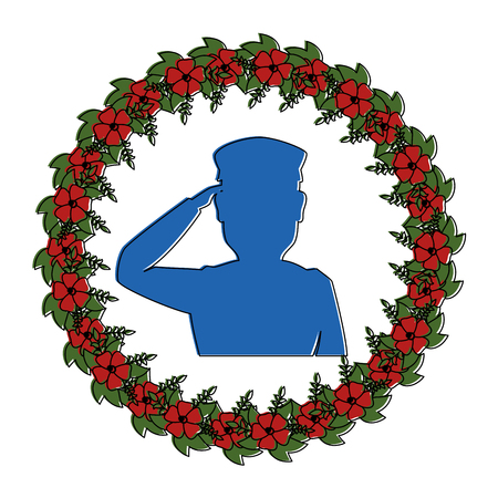 silhouette of soldier saluting with wreath flowers vector illustration designのイラスト素材