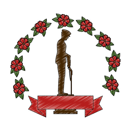 silhouette of soldier with rifle presenting respect with flowers illustration designのイラスト素材