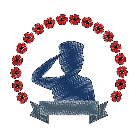 silhouette of soldier saluting with wreath flowers vector illustration designのイラスト素材