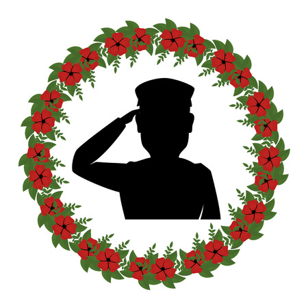 silhouette of soldier saluting with wreath flowers vector illustration designのイラスト素材