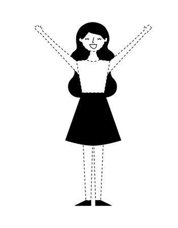 young woman people character gesturing with arms vector illustration monochrome dotted line imageのイラスト素材