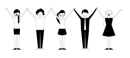 people group man and woman holding hands up vector illustration monochrome dotted line imageのイラスト素材