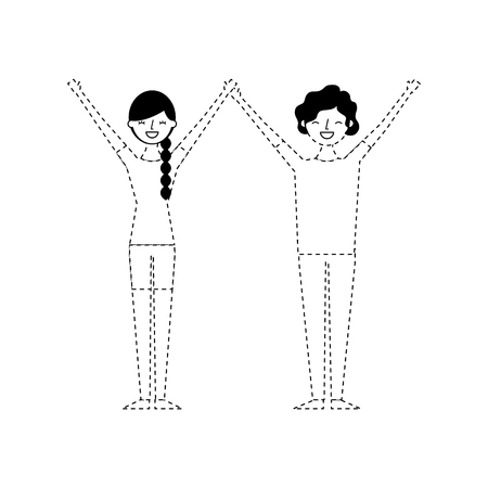 couple of young raised arms people characters vector illustration monochrome dotted line imageのイラスト素材