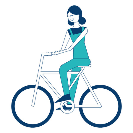beautiful young happy woman riding in bicycle vector illustration green and blue designのイラスト素材